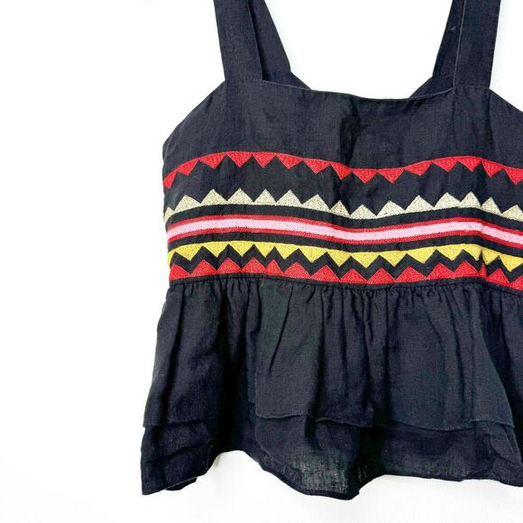 Carolina K Linen Embroidered Double Ruffle Peplum Black Sleeveless Top Small - Picture 2 of 7